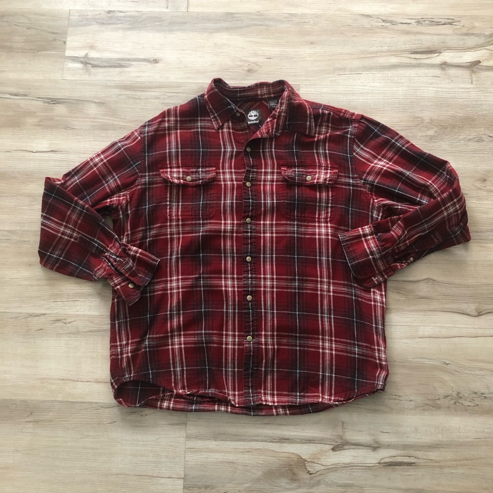 Timberland Red Plaid Flannel Shirt - Men's Casual Button-Up